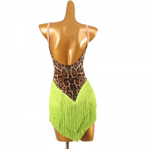 Leopard with green fringe competition latin dance dresses for women girls gemstones salsa rumba chacha stage performance wear for female